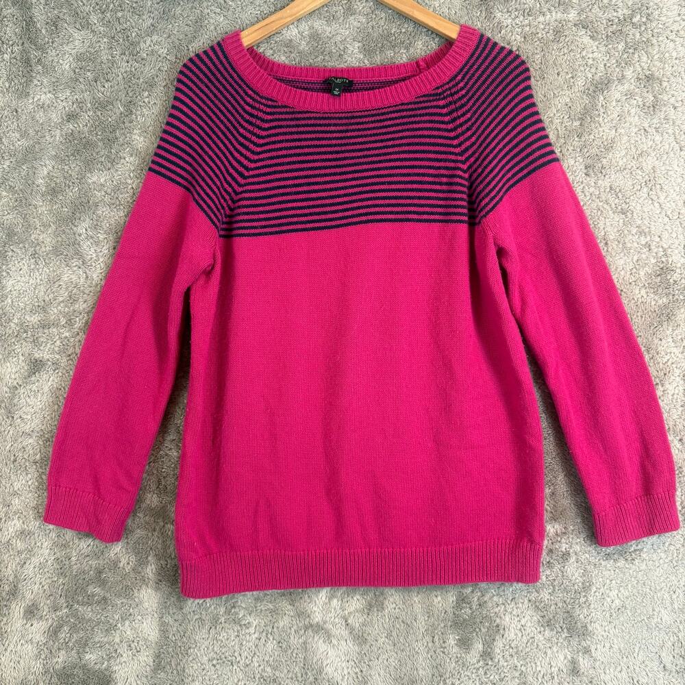 Talbots Woman Pink Navy Blue Stripe Lambswool Sweater 1X XL Fisherman Pullover